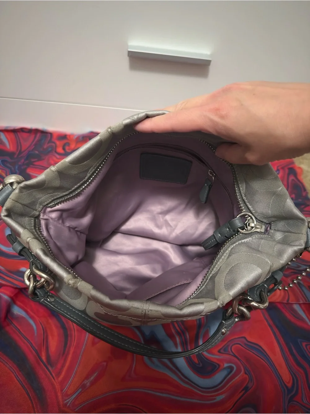 Vintage Y2K Coach Op Art Shimmer Sateen Maggie Hobo Shoulder Bag Grey Silver 🩶